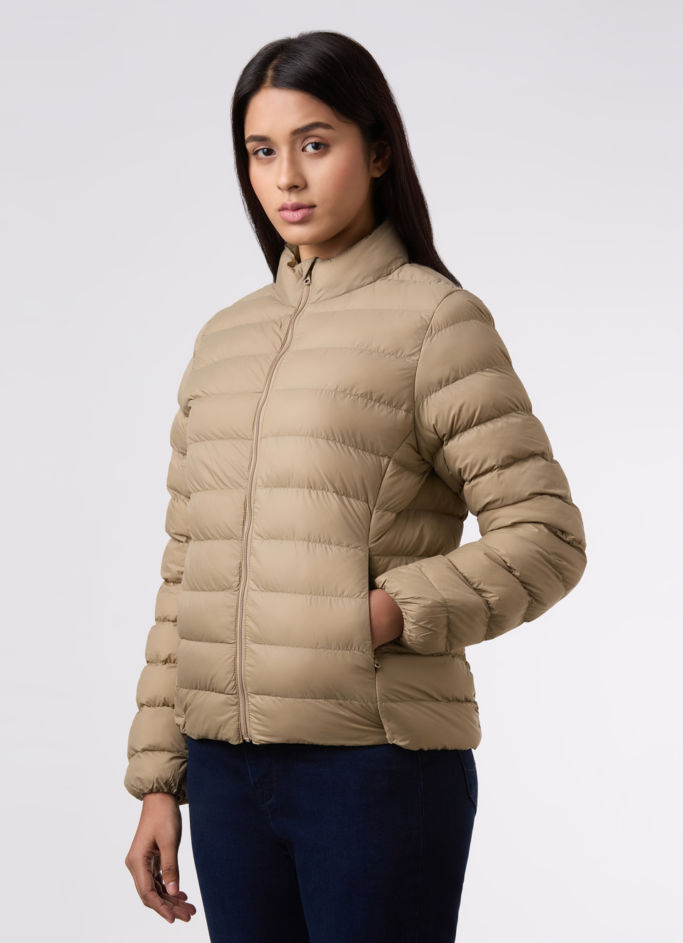 Women Beige High Neck Quilted Pattern Puffer Jacket, , large image number 3