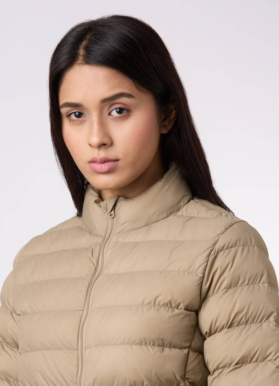 Women Beige High Neck Quilted Pattern Puffer Jacket, , large image number 4