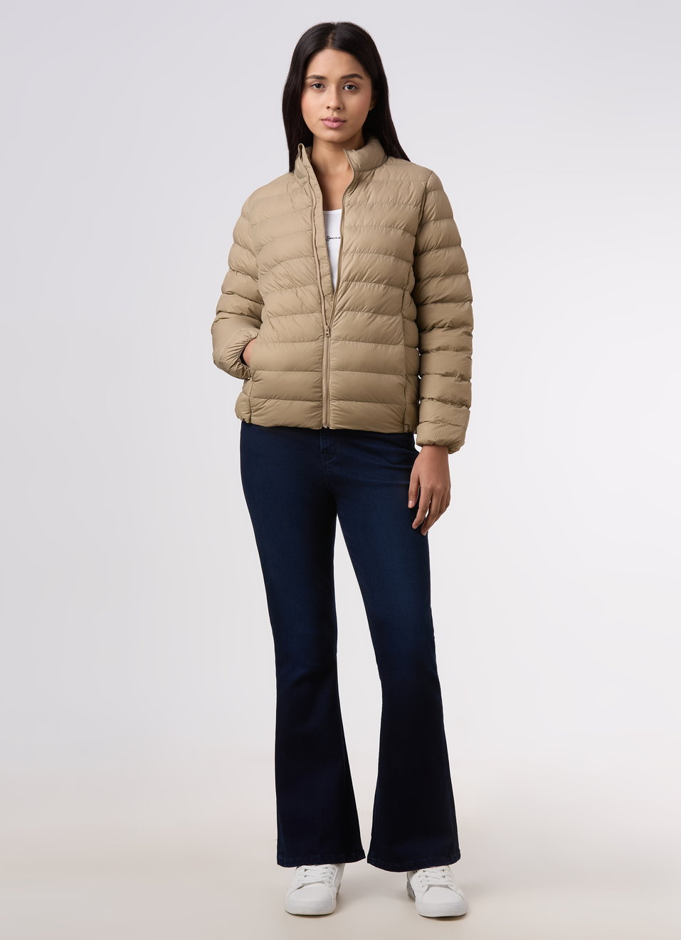 Women Beige High Neck Quilted Pattern Puffer Jacket, , large image number 5