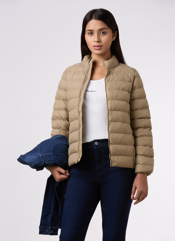 Women Beige High Neck Quilted Pattern Puffer Jacket