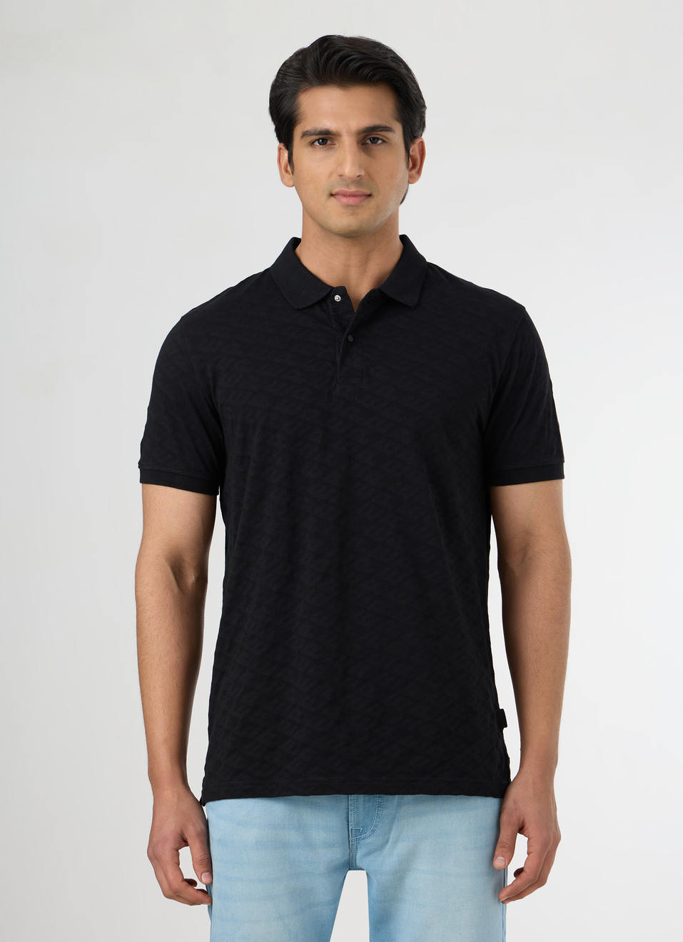 Men Black Self-design Polo T-shirt, , large image number 1