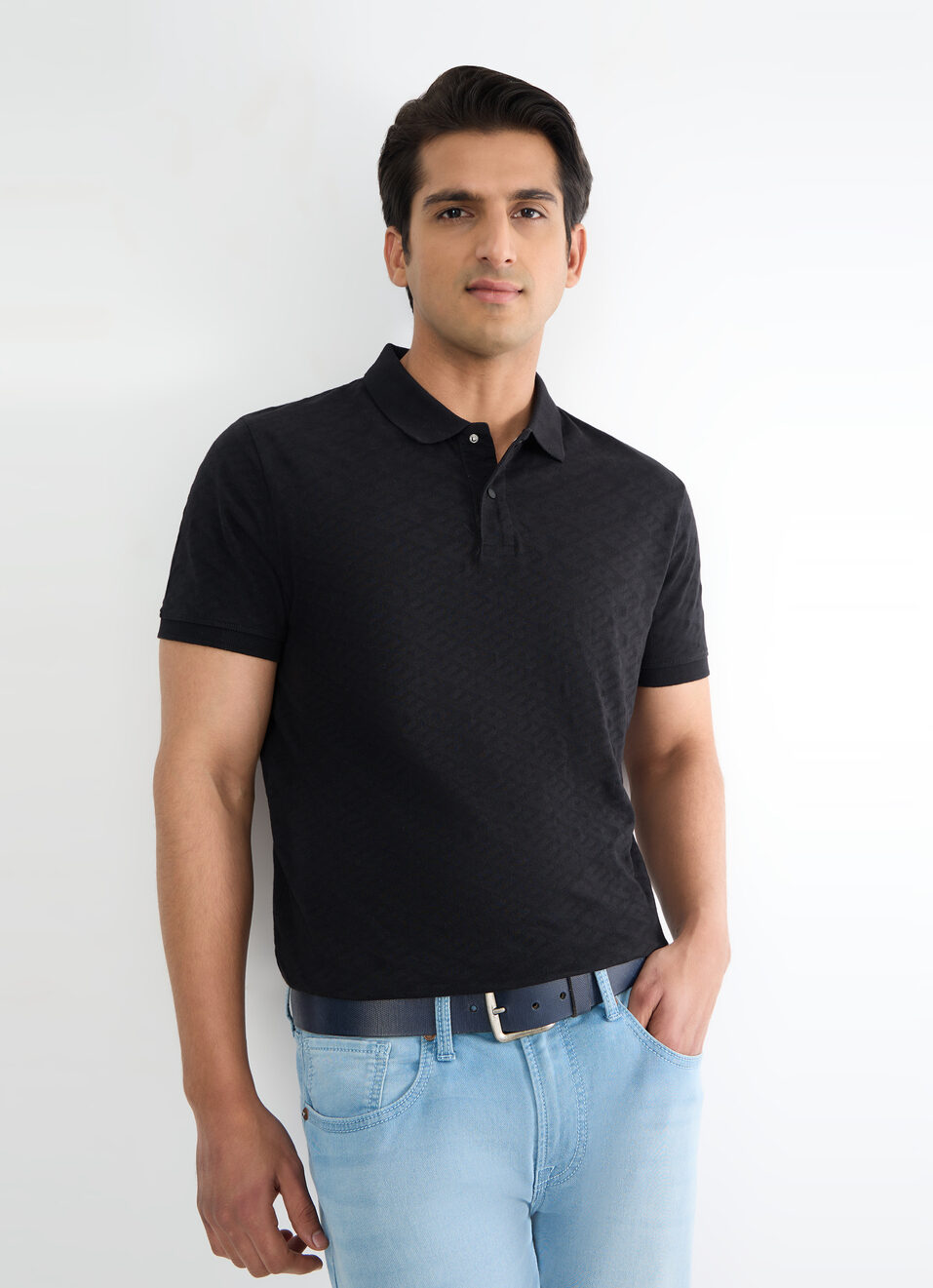 Men Black Self-design Polo T-shirt, , large image number 0