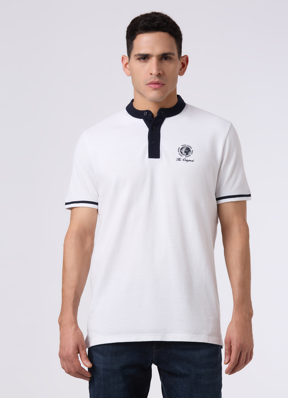 Men White Back Graphic Print Henley Collar Polo, , large image number 1