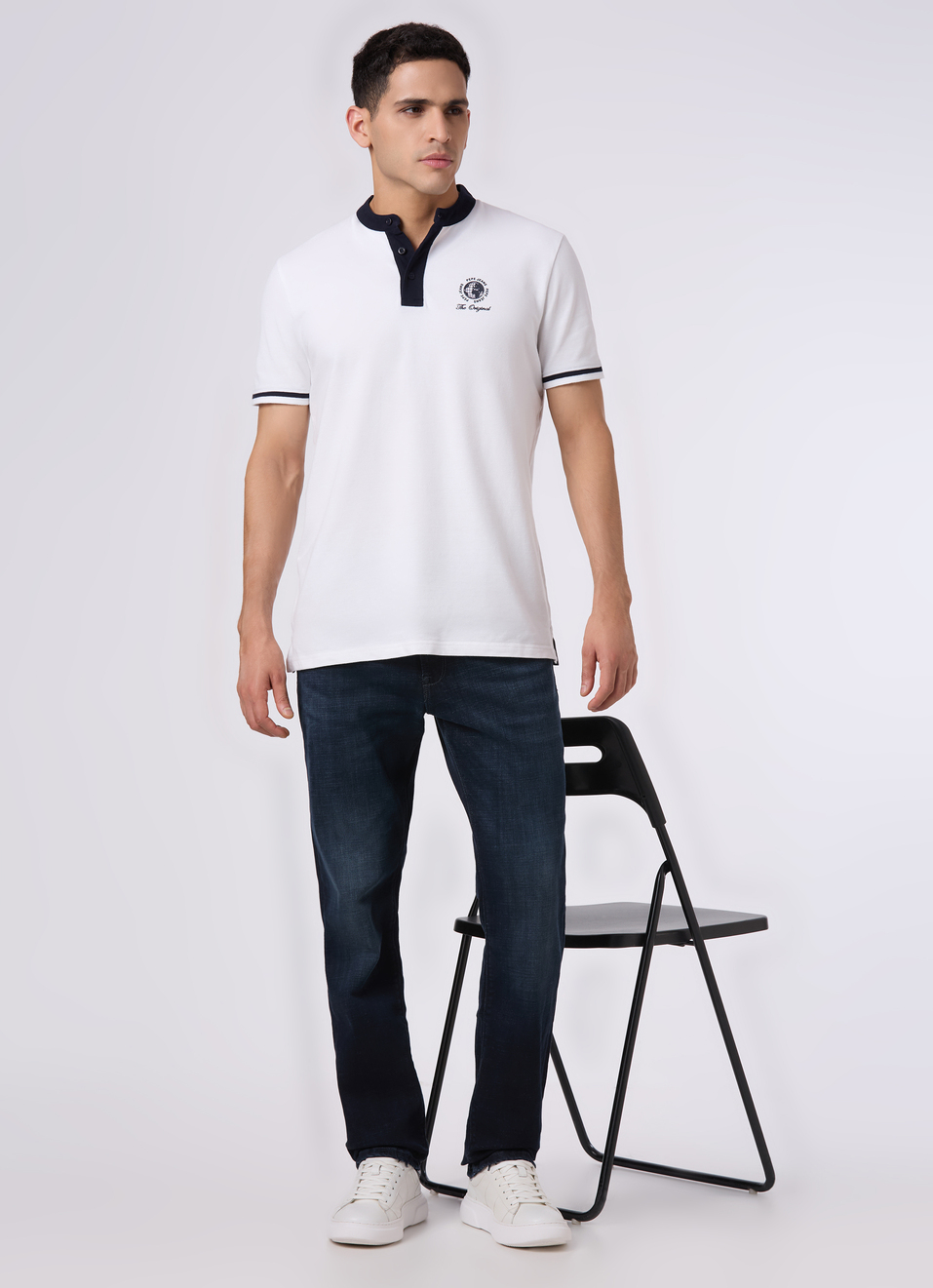 Men White Back Graphic Print Henley Collar Polo, , large image number 5