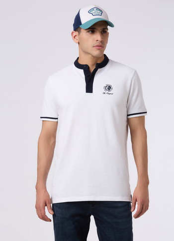 Men White Back Graphic Print Henley Collar Polo
