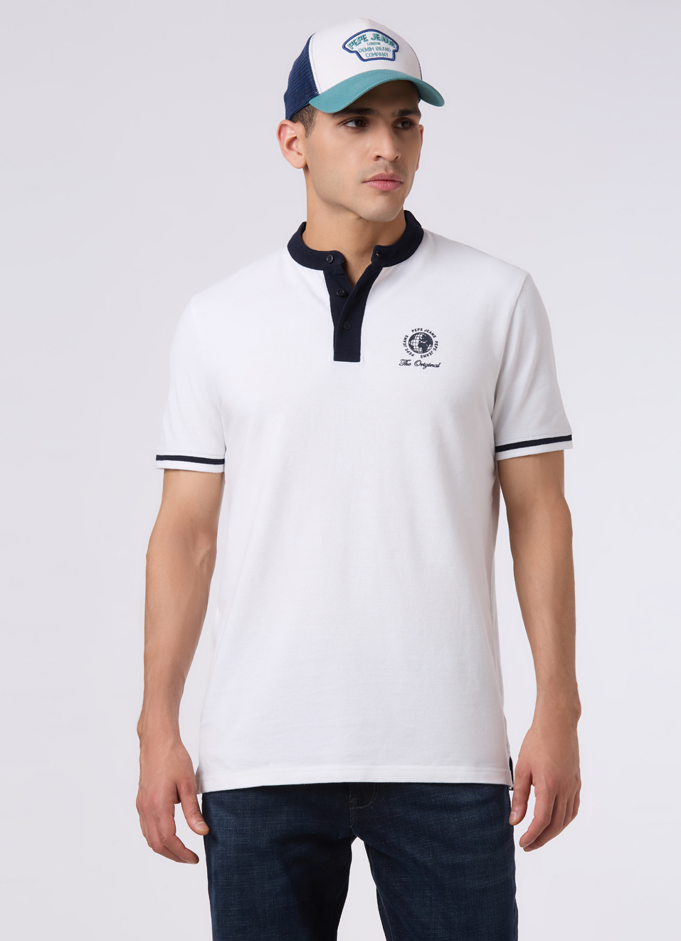 Men White Back Graphic Print Henley Collar Polo, , large image number 0