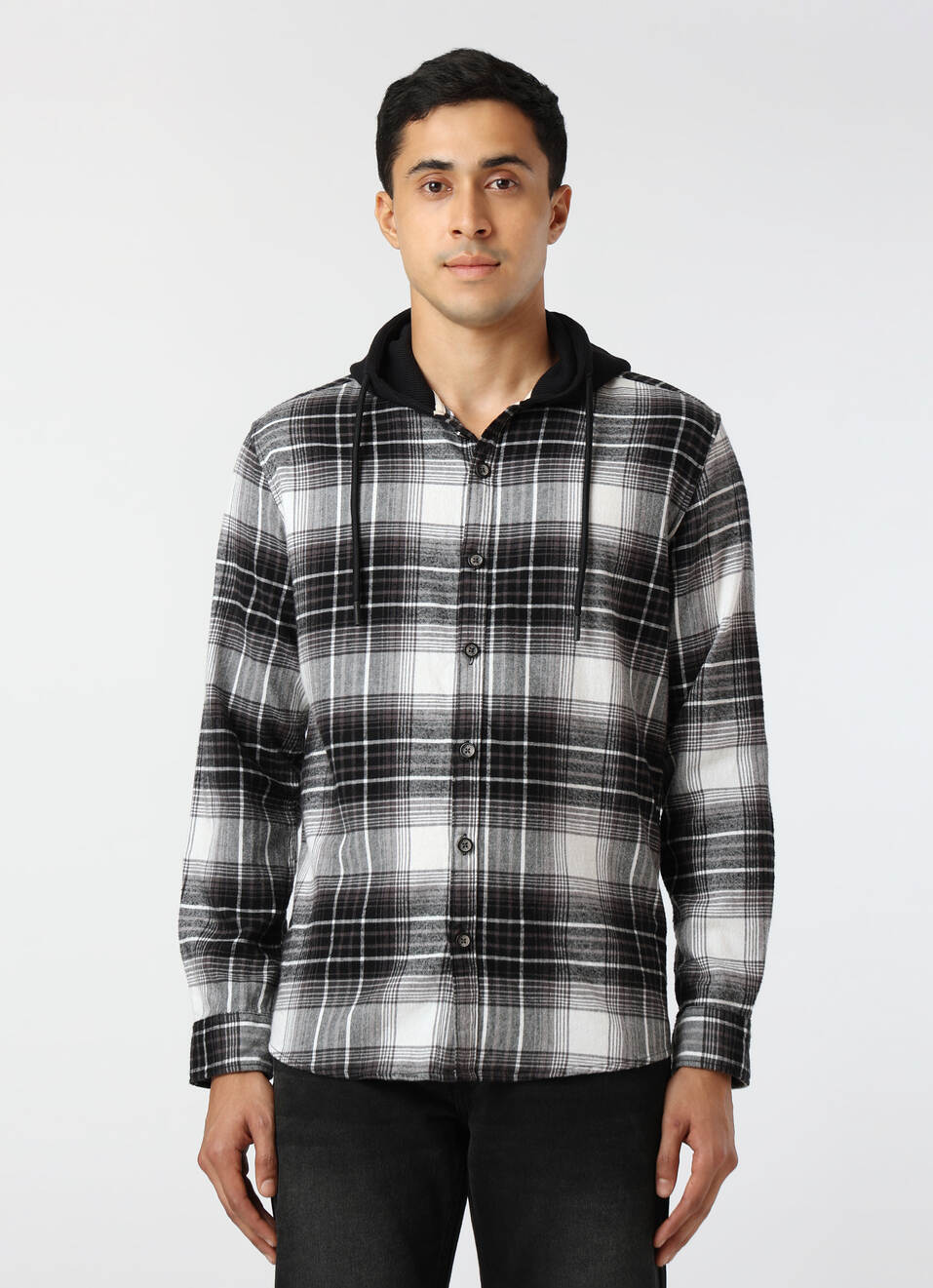 Men Black Regular Fit Checked Hooded Shirt, , large image number 1