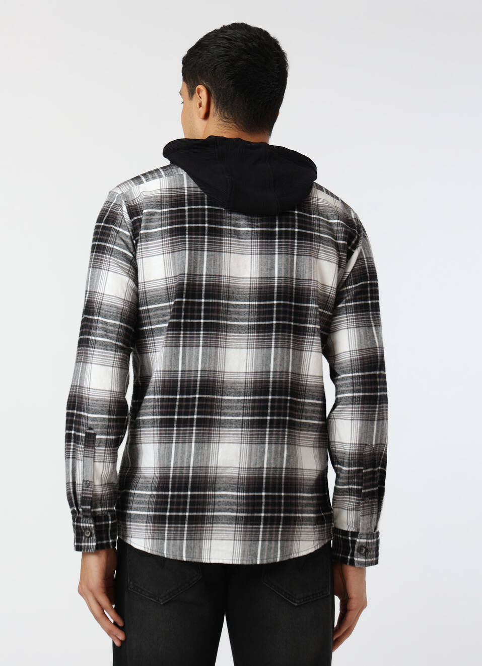 Men Black Regular Fit Checked Hooded Shirt, , large image number 2