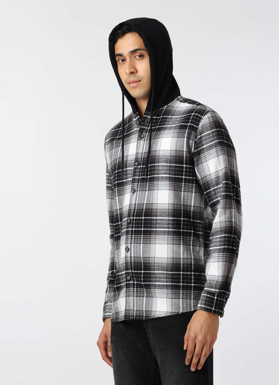 Men Black Regular Fit Checked Hooded Shirt, , large image number 3