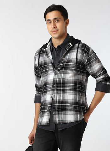 Men Black Regular Fit Checked Hooded Shirt