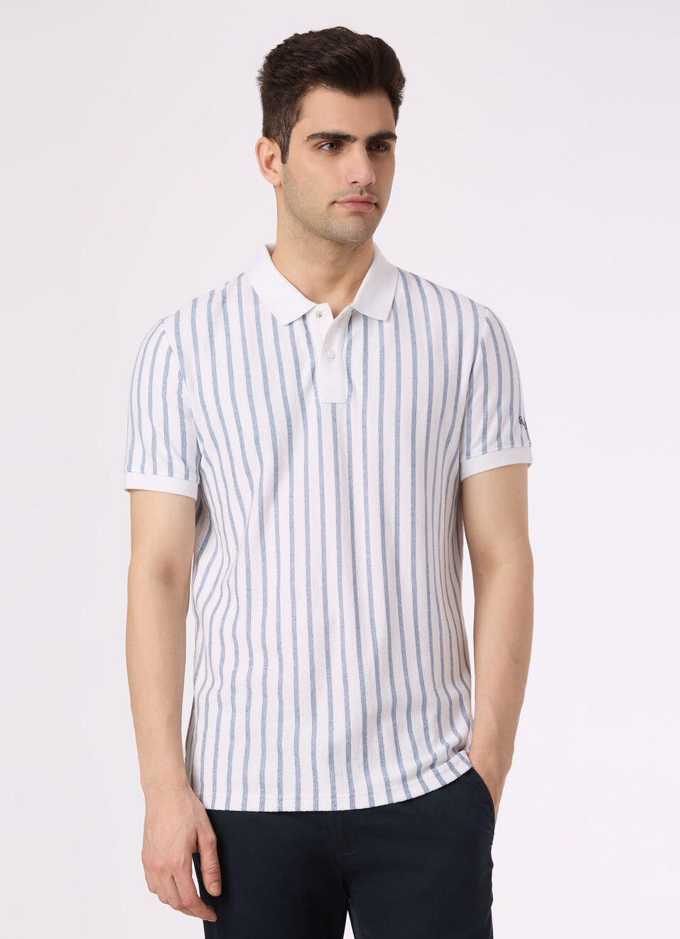 Men White Vertical Stripe Polo, , large image number 1