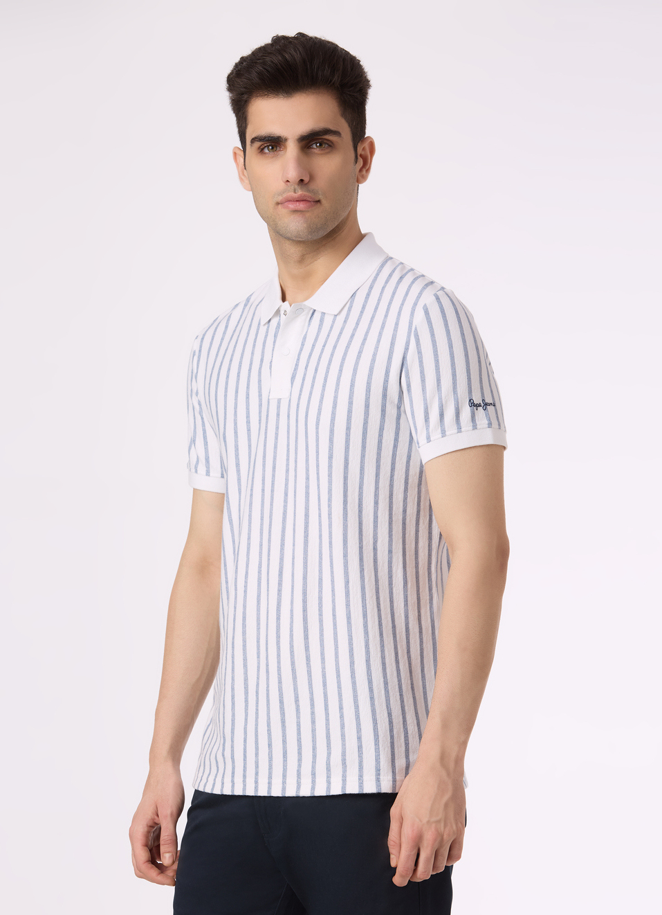 Men White Vertical Stripe Polo, , large image number 3