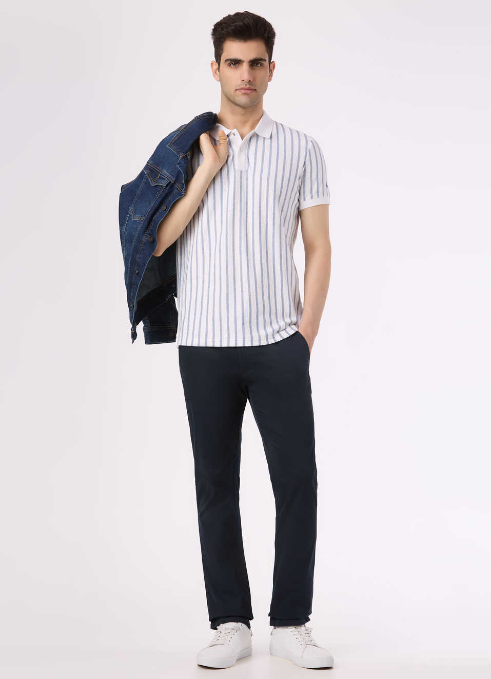 Men White Vertical Stripe Polo, , large image number 5