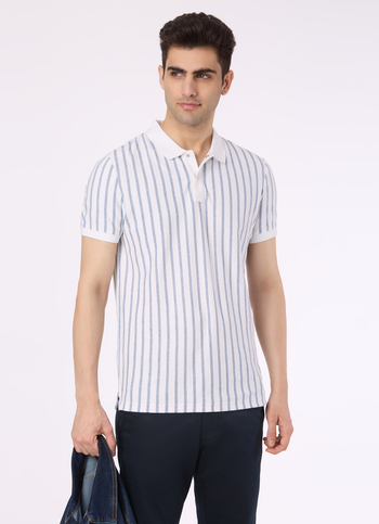 Men White Vertical Stripe Polo