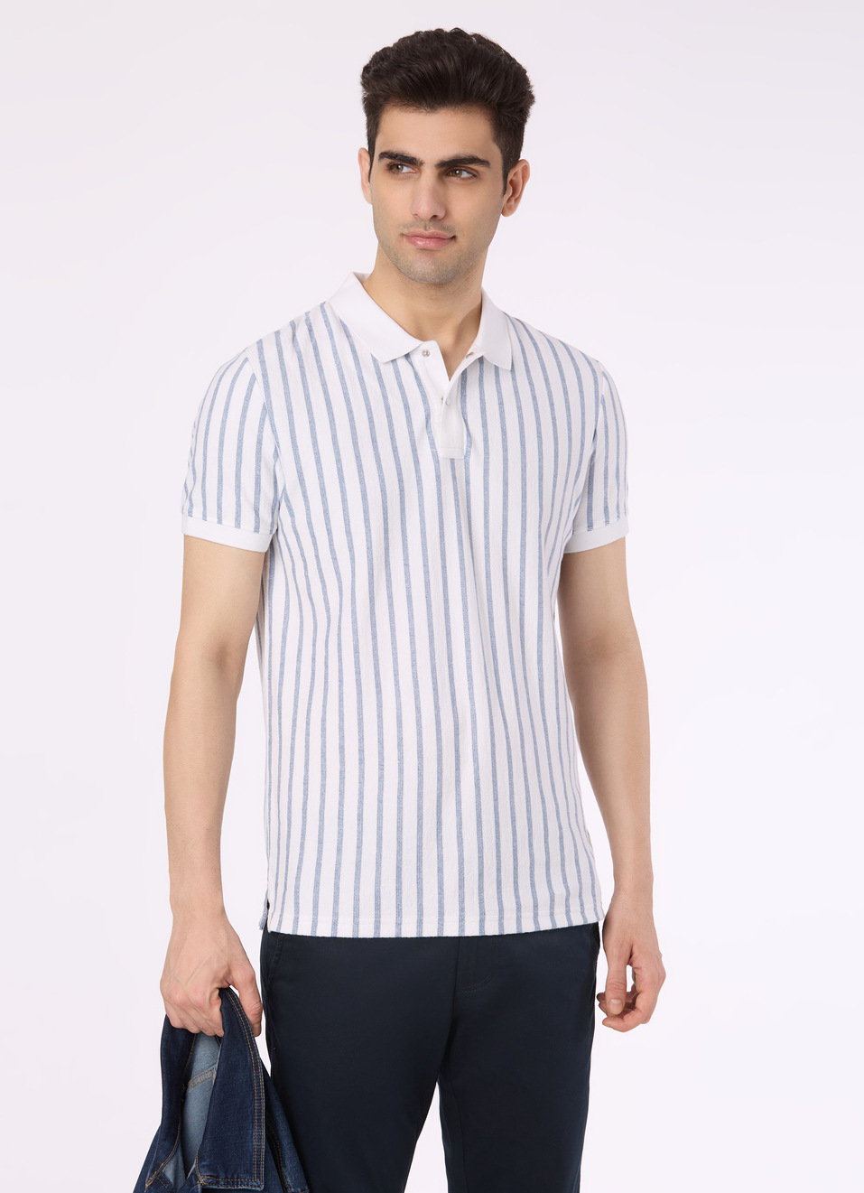 Men White Vertical Stripe Polo, , large image number 0