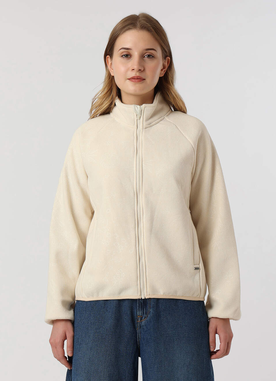 Women Ivory White Textured High Neck Zip Up Jacket, , large image number 1