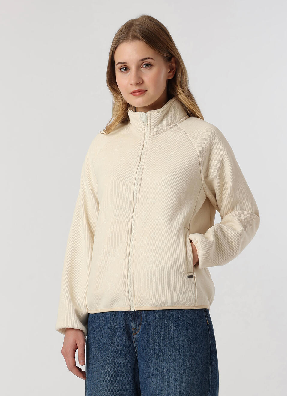 Women Ivory White Textured High Neck Zip Up Jacket, , large image number 3