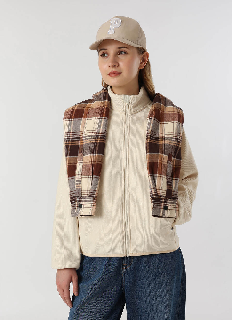 Women Ivory White Textured High Neck Zip Up Jacket, , large image number 0