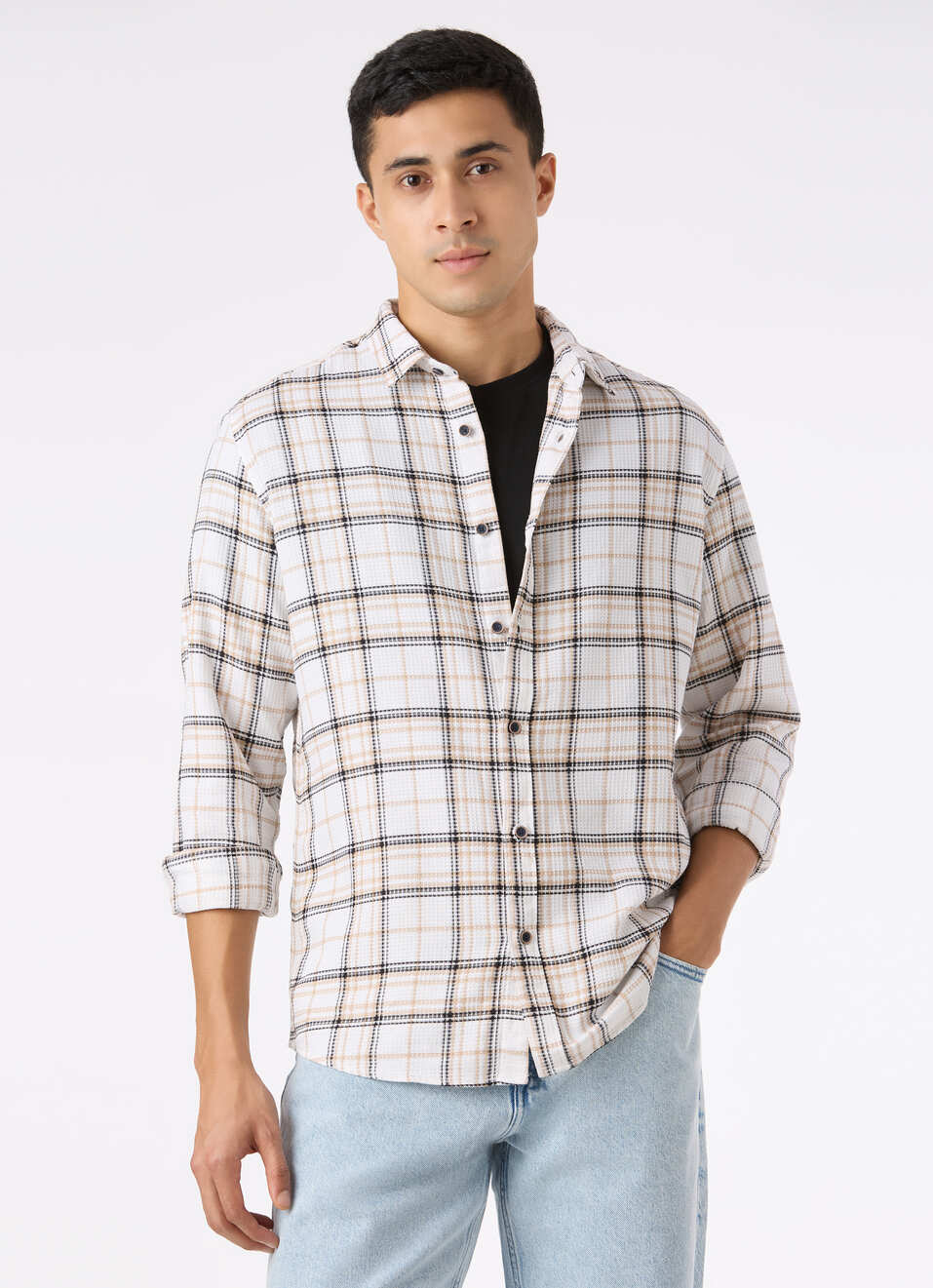 Men White Check Full Sleeve Shirt, , large image number 0