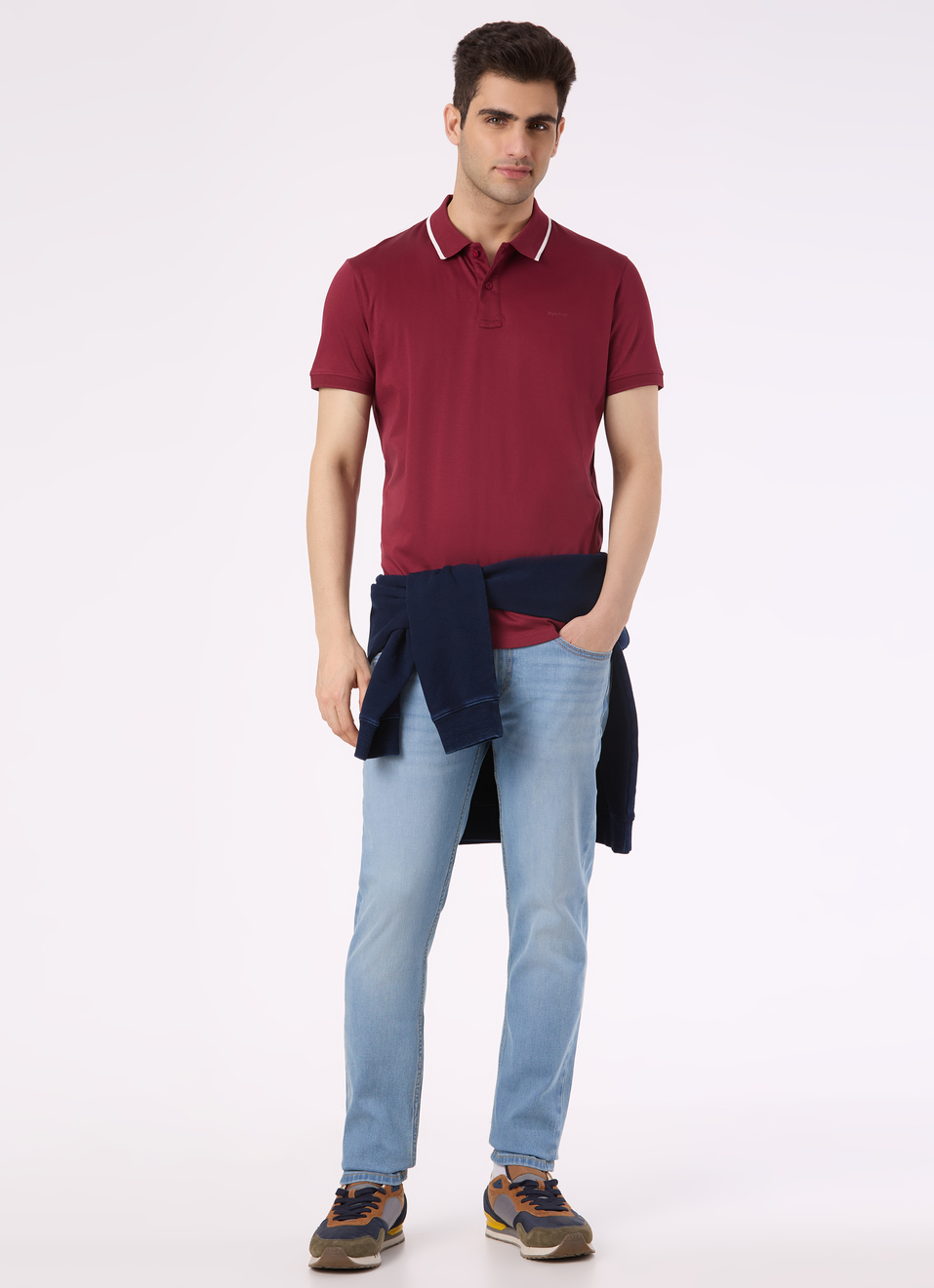 Men Burgundy Solid Contrast Collar Tipping Polo, , large image number 5