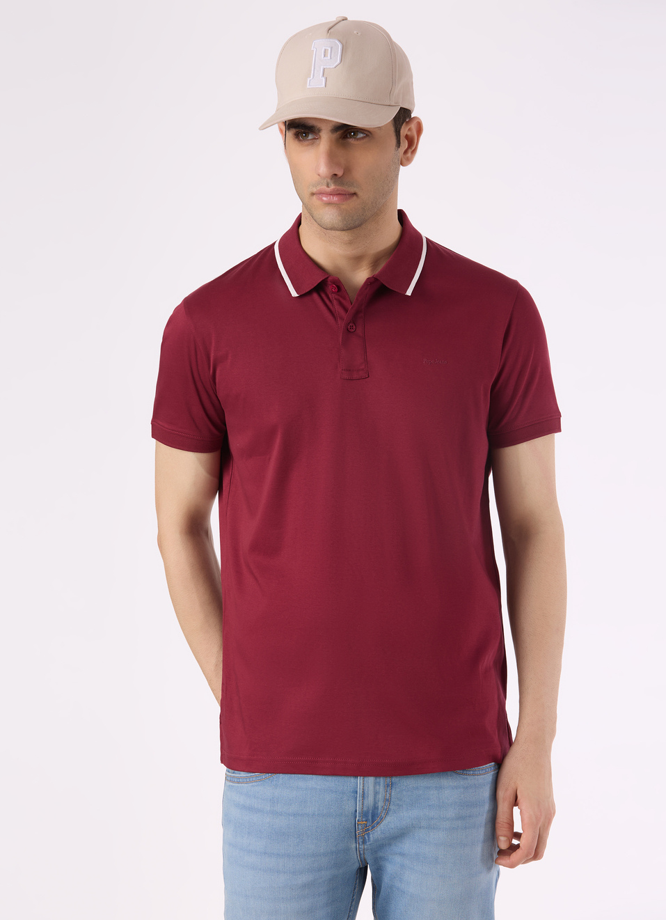Men Burgundy Solid Contrast Collar Tipping Polo, , large image number 0
