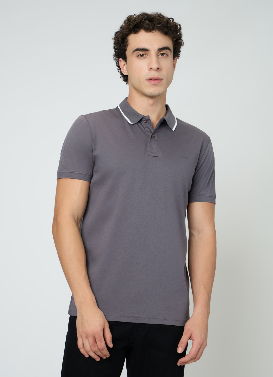 Men Grey Solid Contrast Collar Tipping Polo, , large image number 1