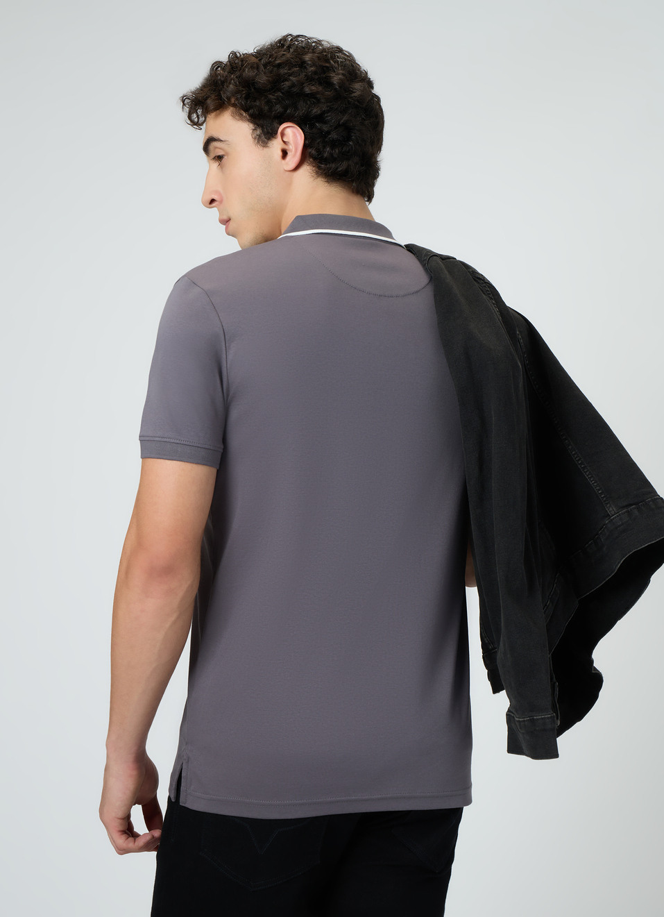 Men Grey Solid Contrast Collar Tipping Polo, , large image number 2