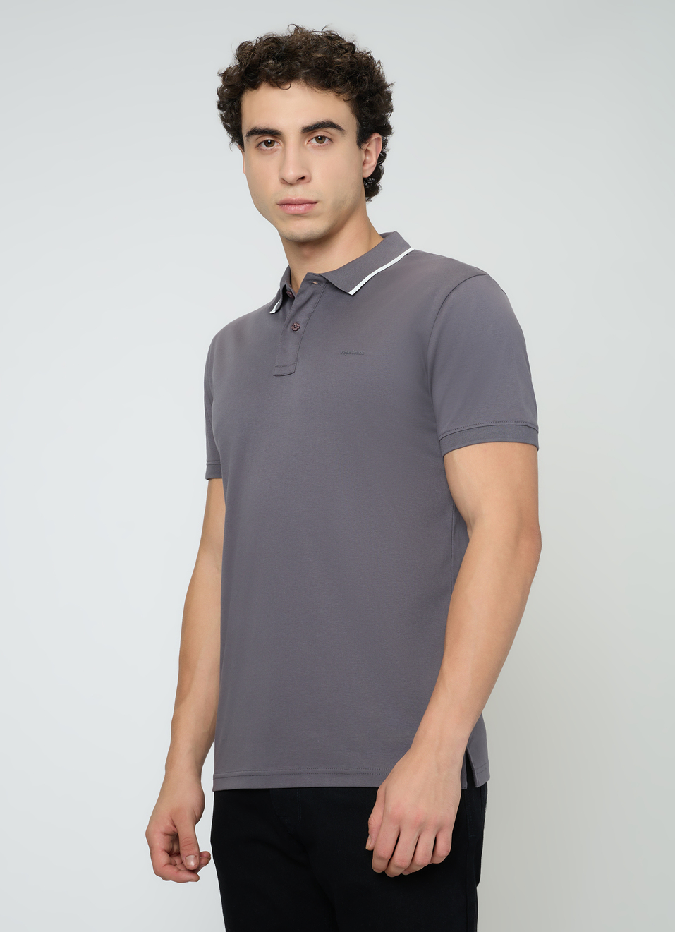 Men Grey Solid Contrast Collar Tipping Polo, , large image number 3