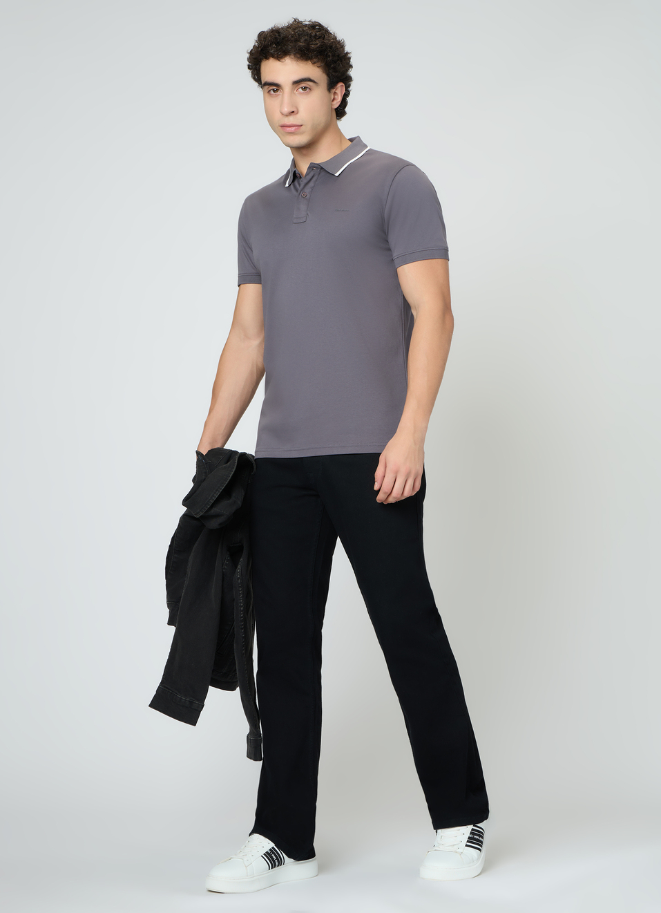 Men Grey Solid Contrast Collar Tipping Polo, , large image number 5