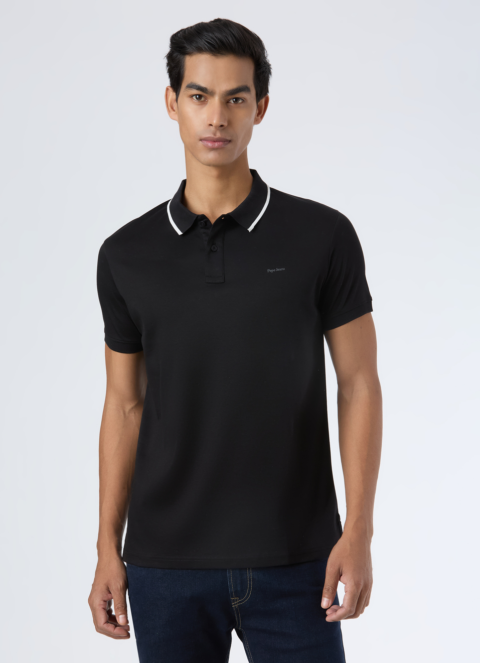 Men Black Solid Contrast Collar Tipping Polo, , large image number 1