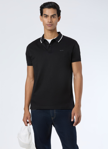 Men Black Solid Contrast Collar Tipping Polo