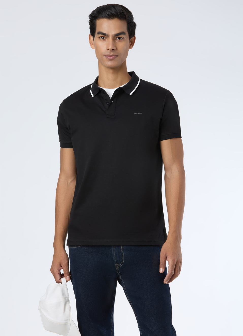 Men Black Solid Contrast Collar Tipping Polo, , large image number 0