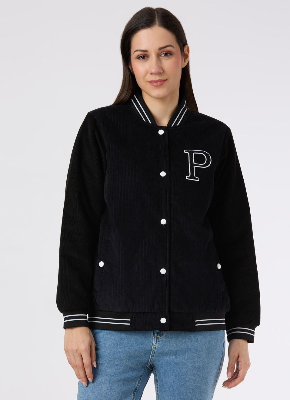 Women Navy Regular Fit Varsity Jacket, , large image number 1