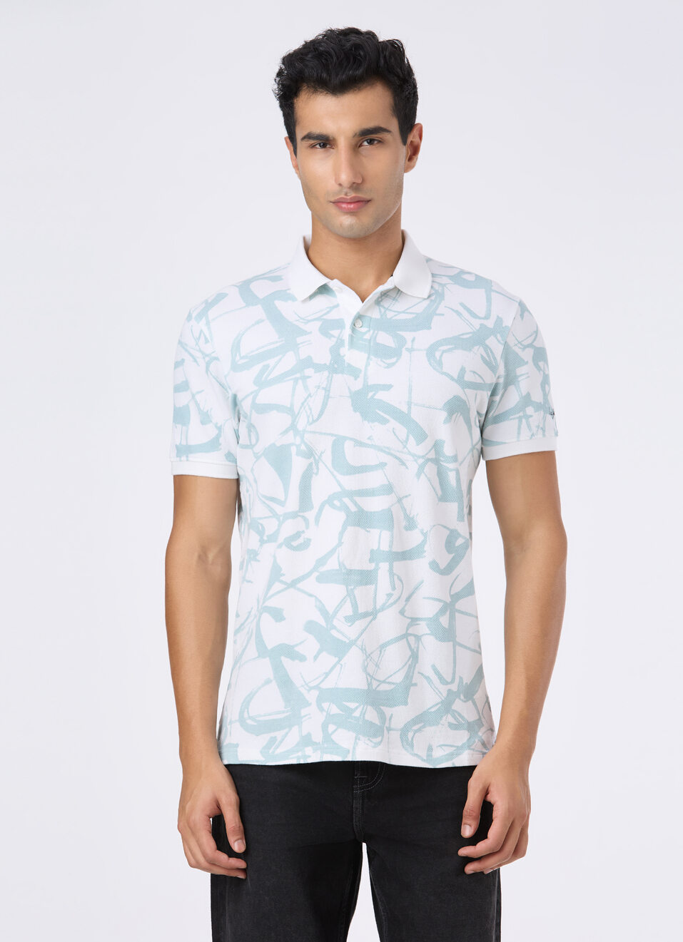 Men White All Over Abstract Print Polo, , large image number 1