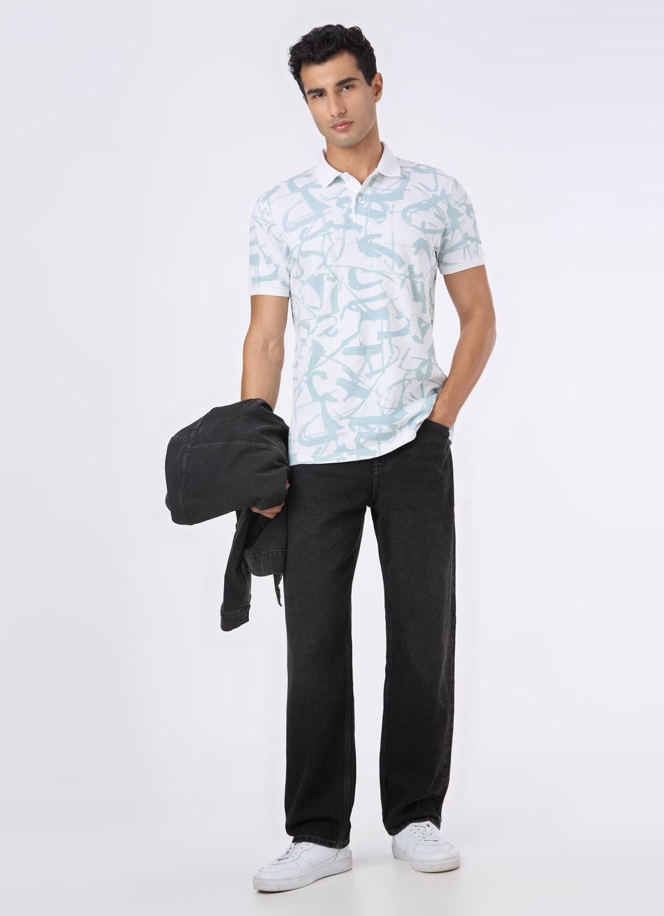 Men White All Over Abstract Print Polo, , large image number 5