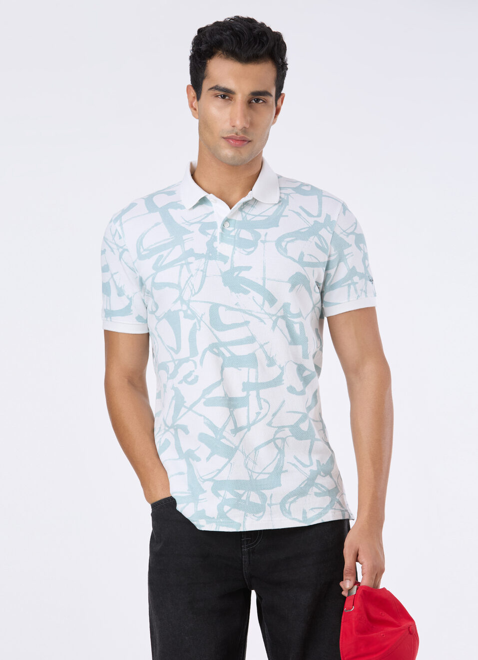 Men White All Over Abstract Print Polo, , large image number 0