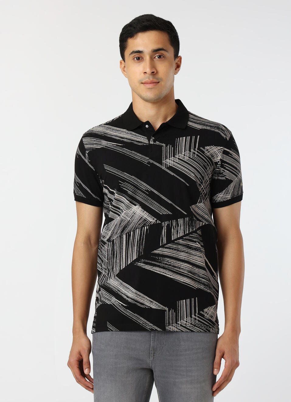 Men Black Regular Fit Abstract Printed Polo, , large image number 1