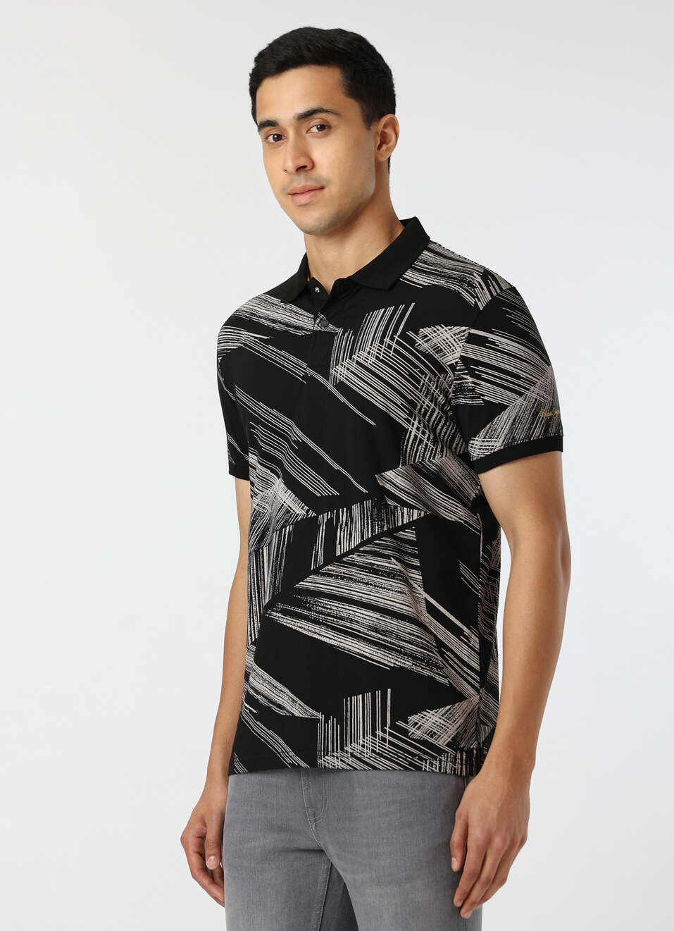 Men Black Regular Fit Abstract Printed Polo, , large image number 3