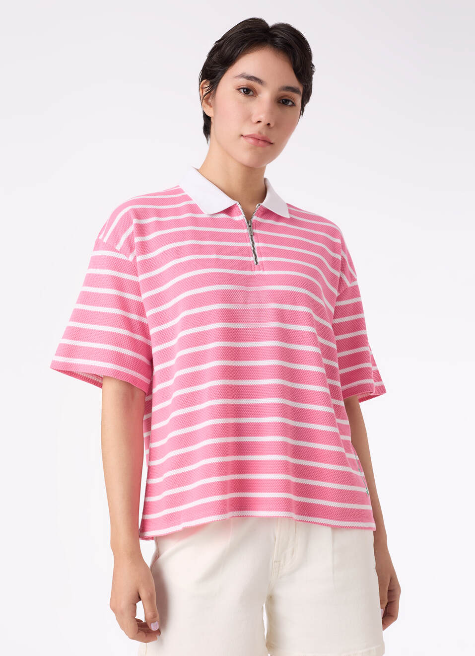 Women Pink Stripe Textured Half Zip Polo T-shirt, , large image number 1