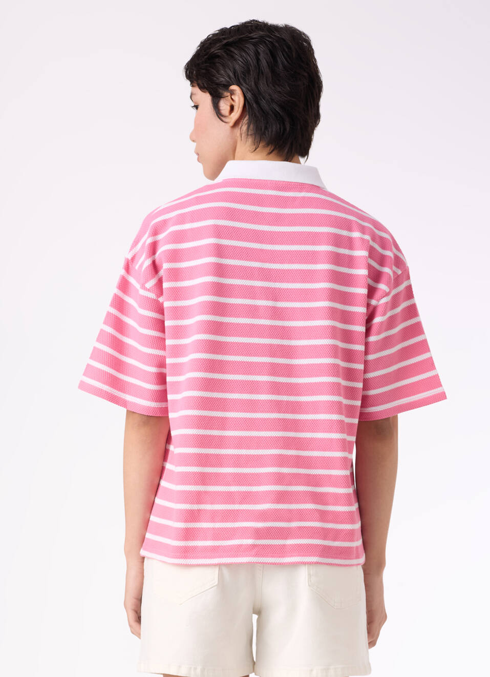 Women Pink Stripe Textured Half Zip Polo T-shirt, , large image number 2