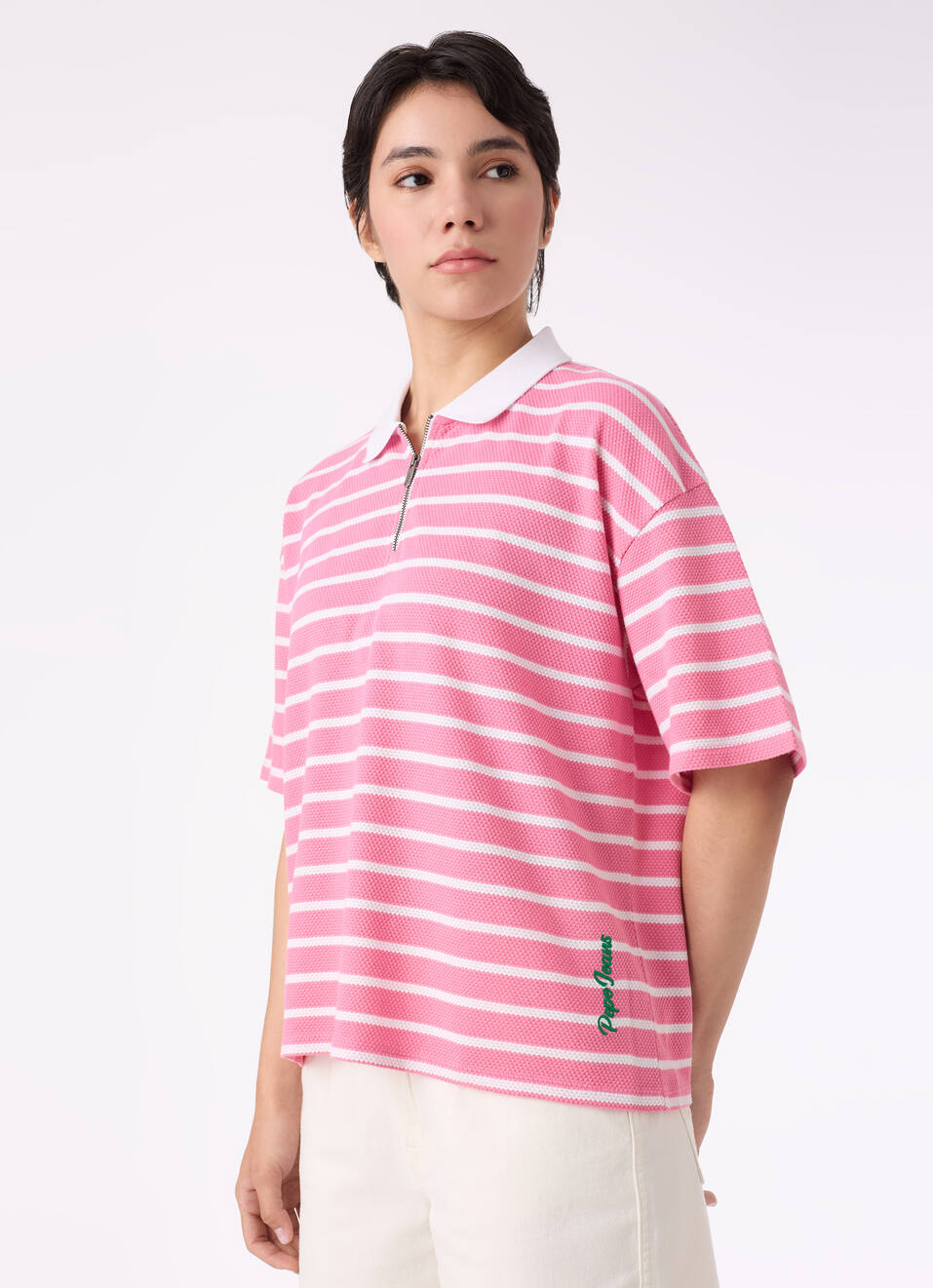 Women Pink Stripe Textured Half Zip Polo T-shirt, , large image number 3
