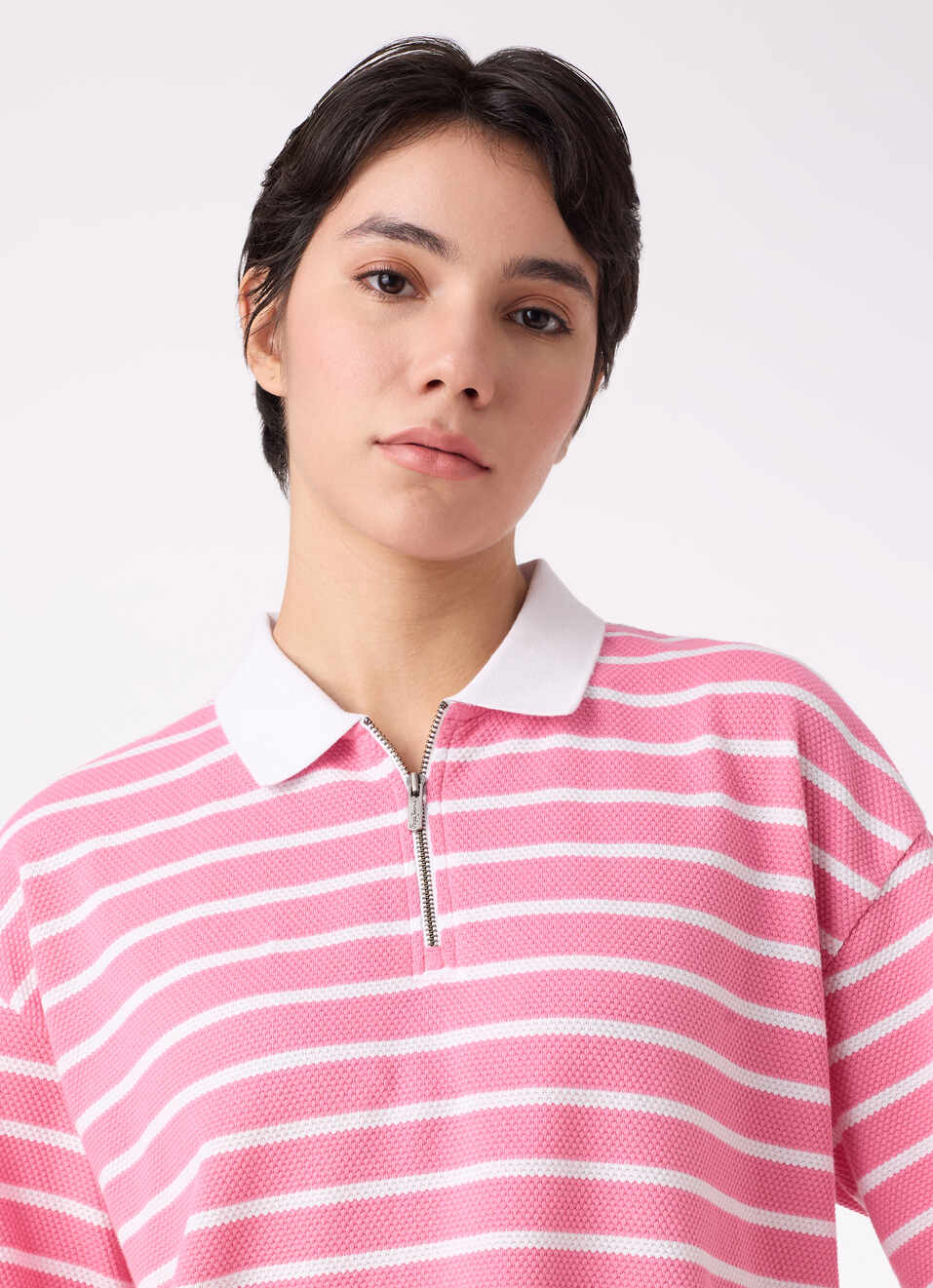 Women Pink Stripe Textured Half Zip Polo T-shirt, , large image number 4