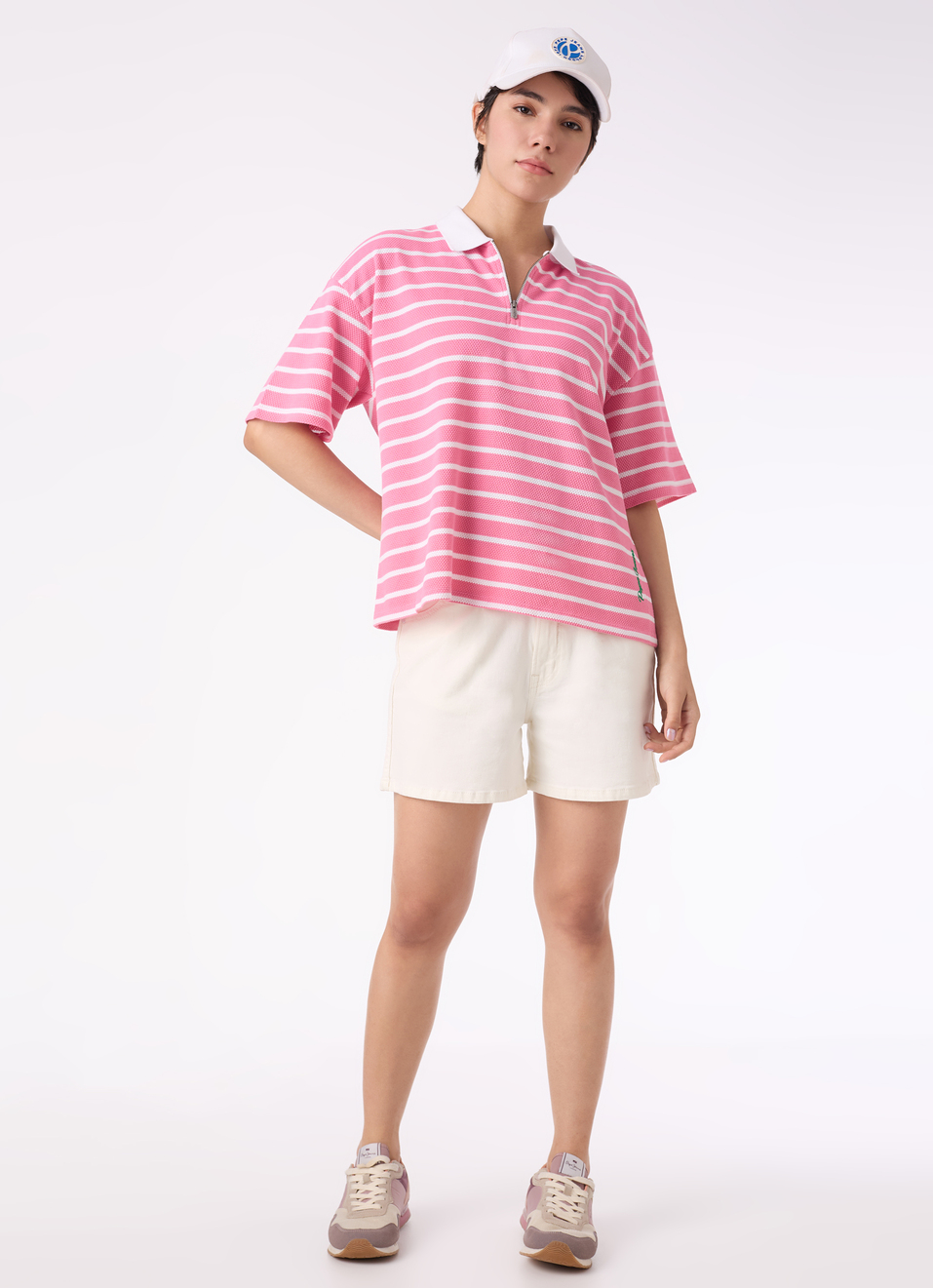 Women Pink Stripe Textured Half Zip Polo T-shirt, , large image number 5