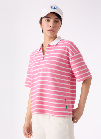 Women Pink Stripe Textured Half Zip Polo T-shirt