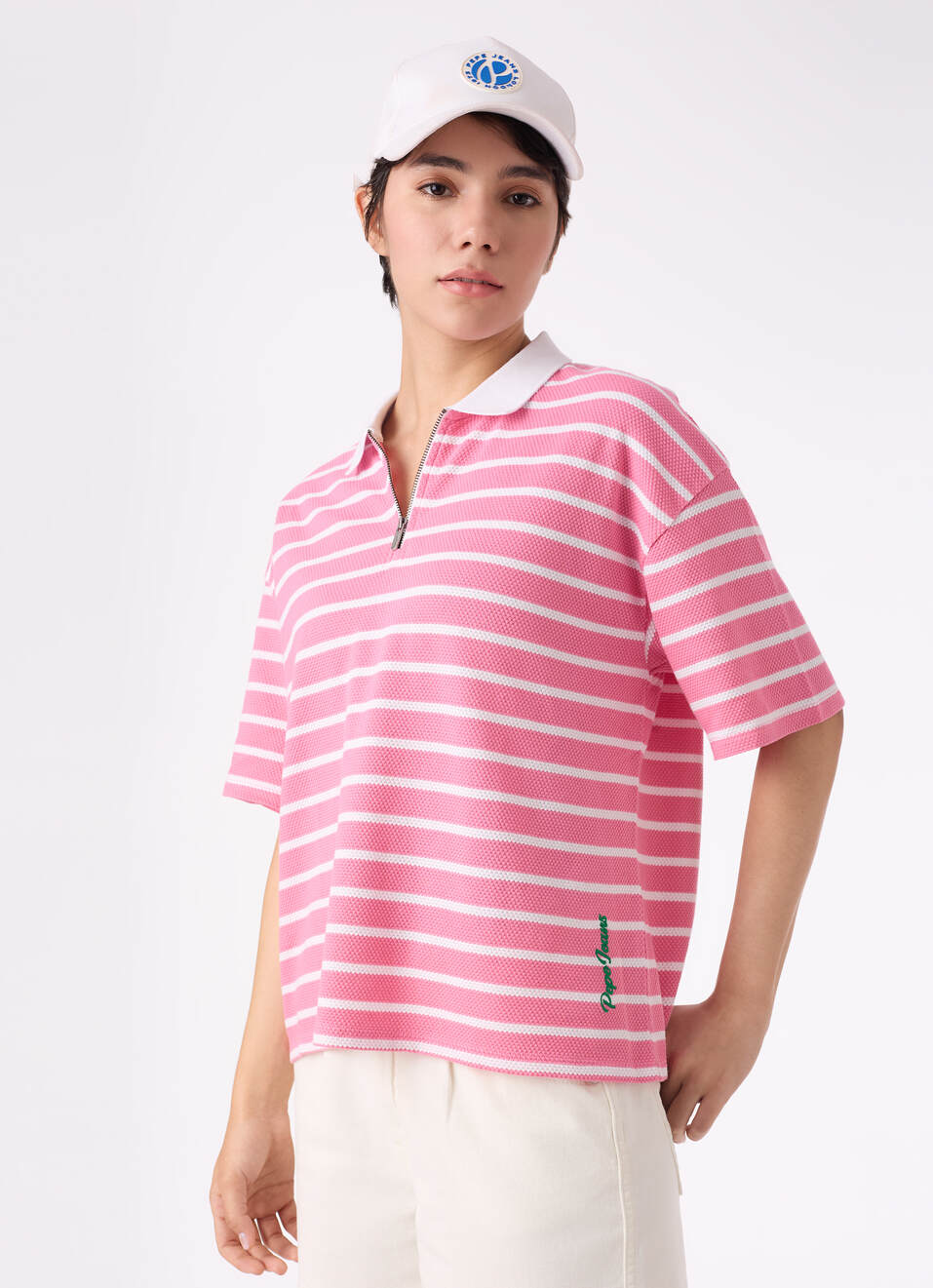 Women Pink Stripe Textured Half Zip Polo T-shirt, , large image number 0