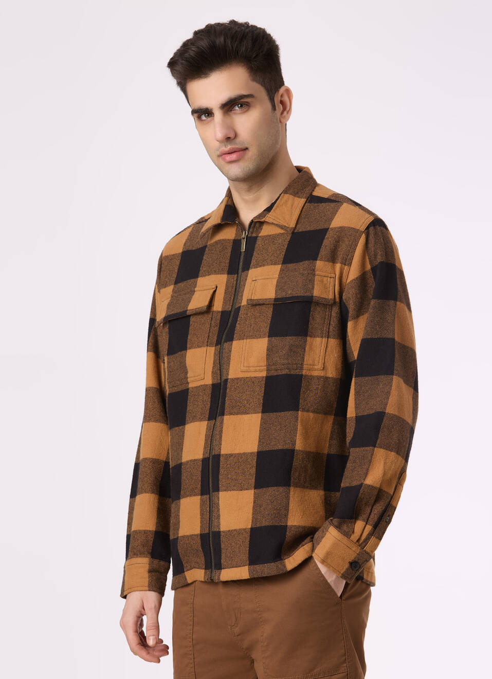 Men Brown Oversized Check Zip Shirt Jacket, , large image number 3