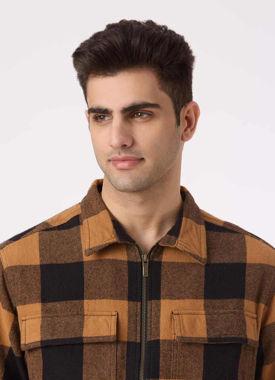 Men Brown Oversized Check Zip Shirt Jacket, , large image number 4