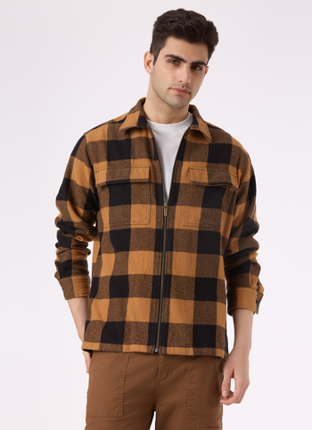 Men Brown Oversized Check Zip Shirt Jacket
