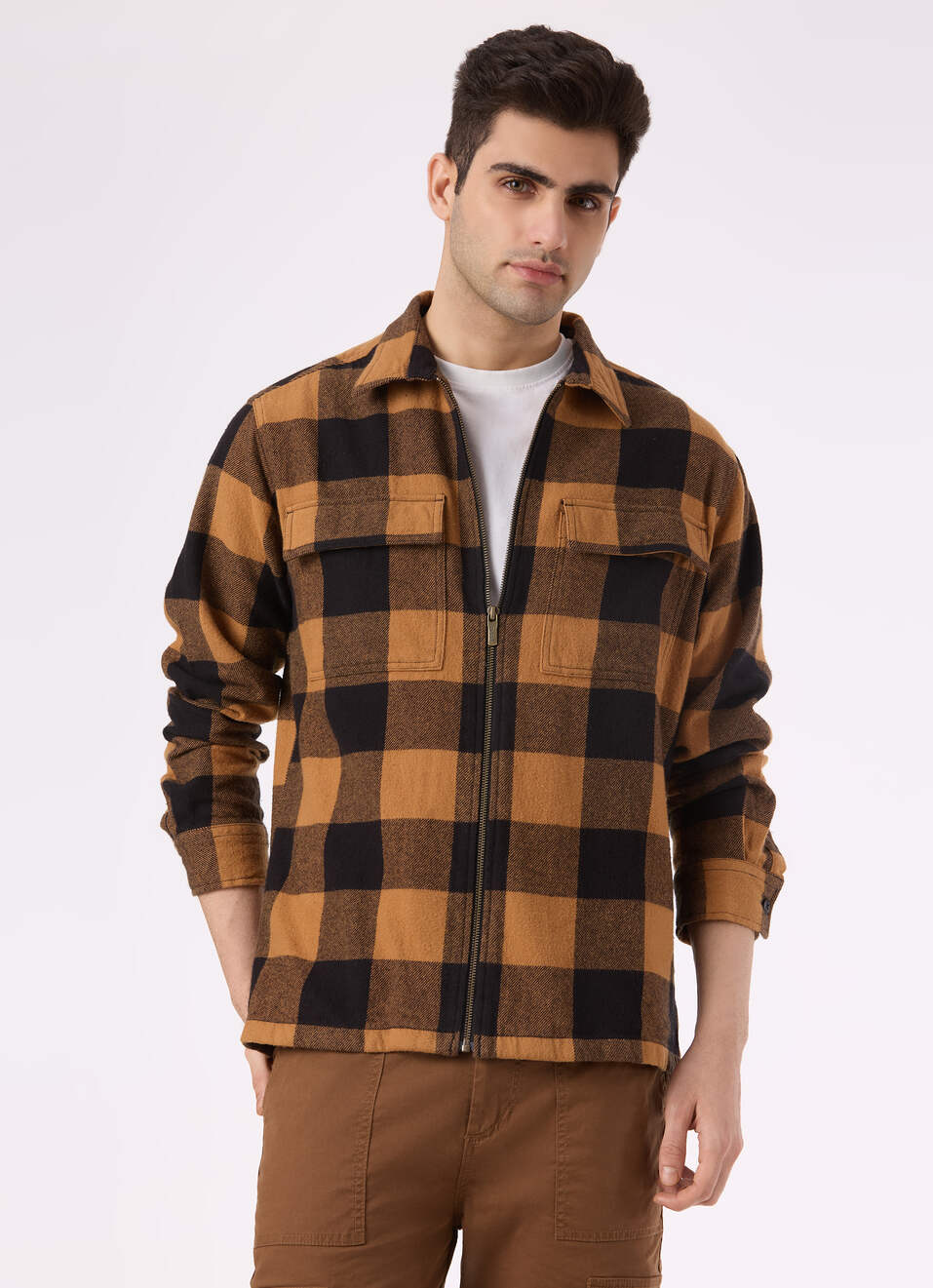 Men Brown Oversized Check Zip Shirt Jacket, , large image number 0