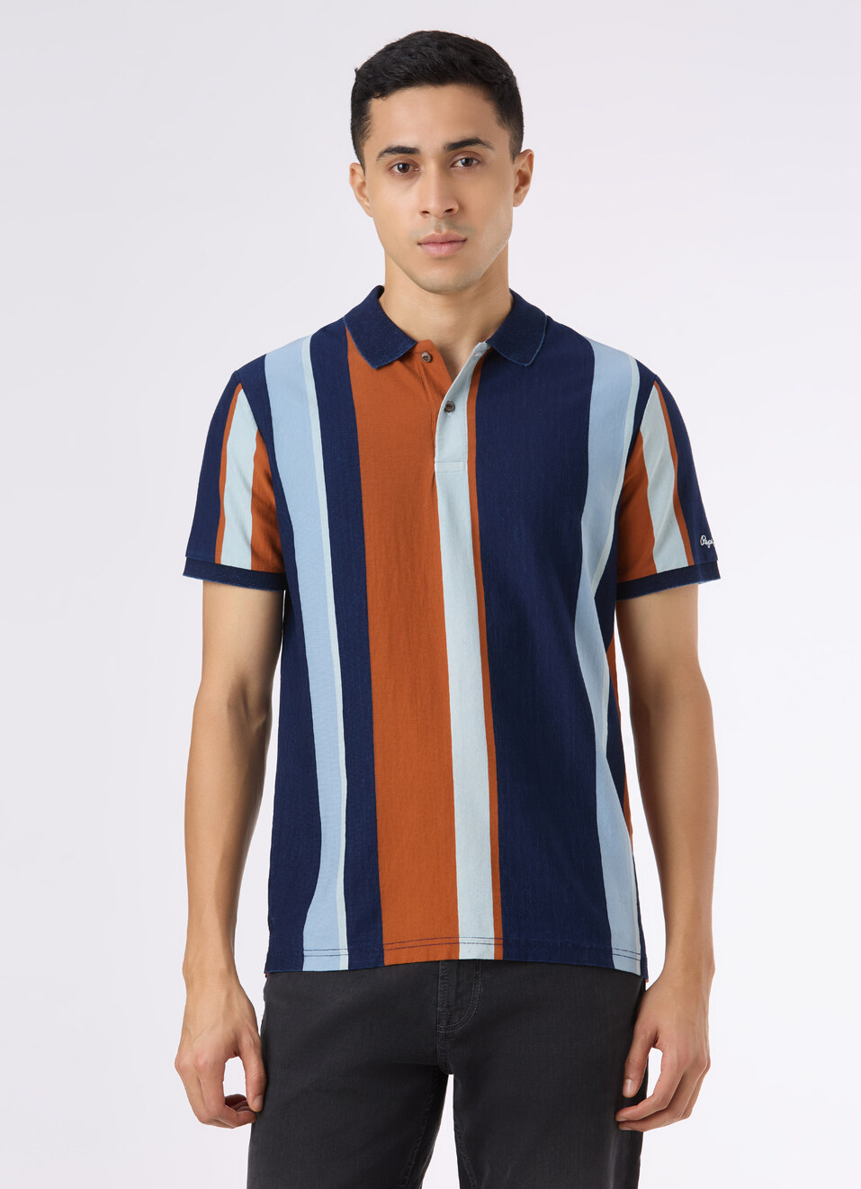 Men Navy Vertical Stripe Short Sleeve Polo, , large image number 1
